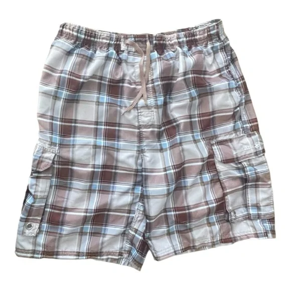 Beverly Hills Polo Club plaid Brown Tan blue Cargo Shorts Swim Trunks Size: L - Picture 1 of 6